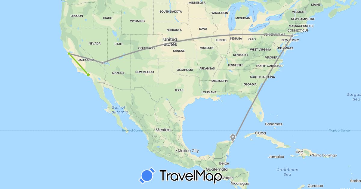 TravelMap itinerary: plane, electric vehicle in Mexico, United States (North America)